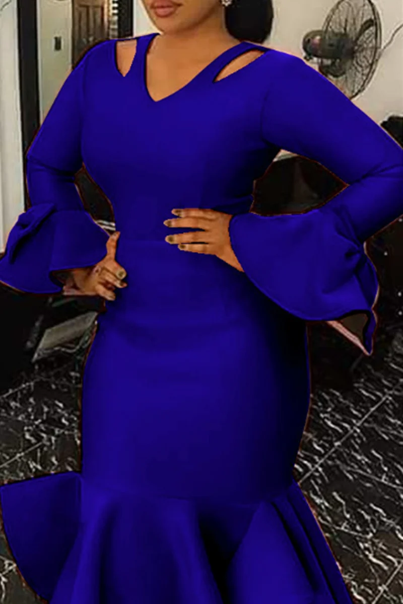 Blue Sexy Formal Solid Hollowed Out Patchwork V Neck Evening Dress Dresses | EGEMISS