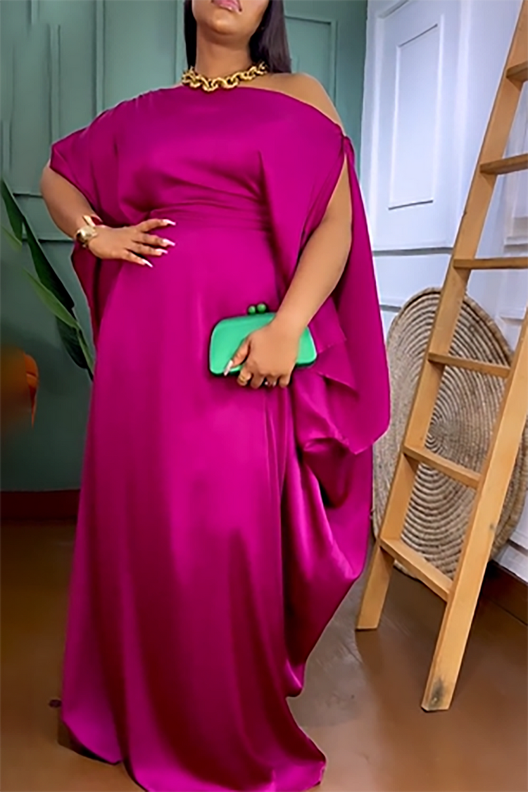 Plus Size Semi Formal Dress Magenta Solid One Shoulder Split Sleeve Maxi Dress