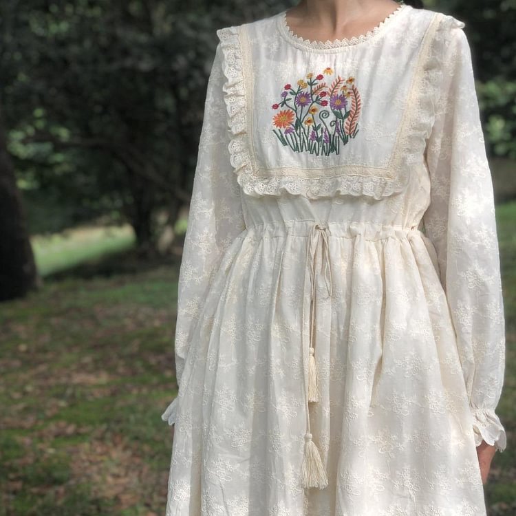 Queenfunky cottagecore style Quality Lace Embroidered Dress QueenFunky