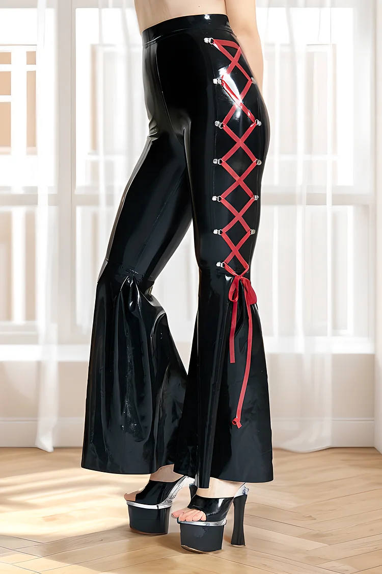 Women's Black Flared Latex Pants with Red Side-Lacing