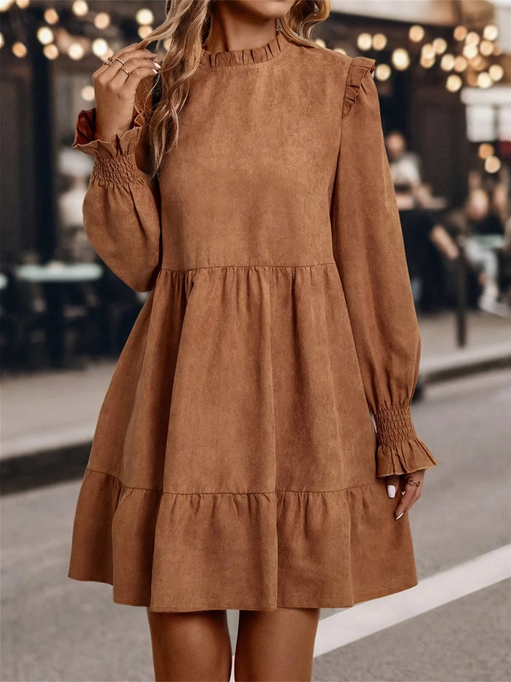 Women's Long Sleeve Scoop Neck Solid Color Temperament Midi Dress