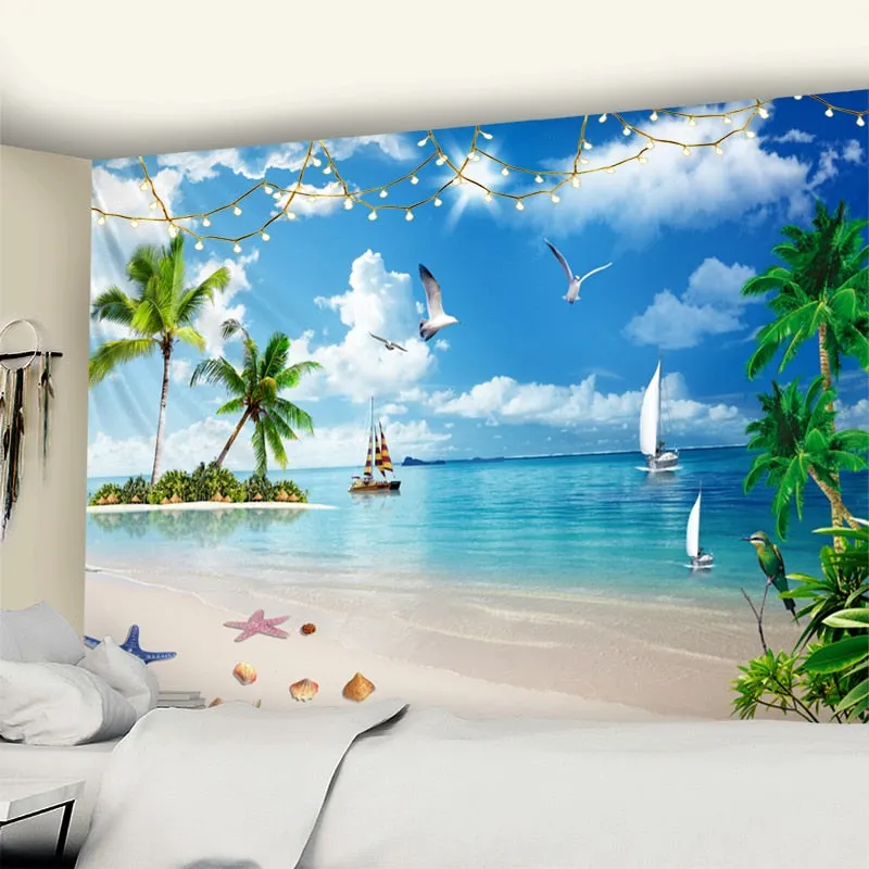 Beach Coconut Tree Tapestry Wall Hanging Bohemian Psychedelic Tapiz Mandala Natural Landscape Home Decor