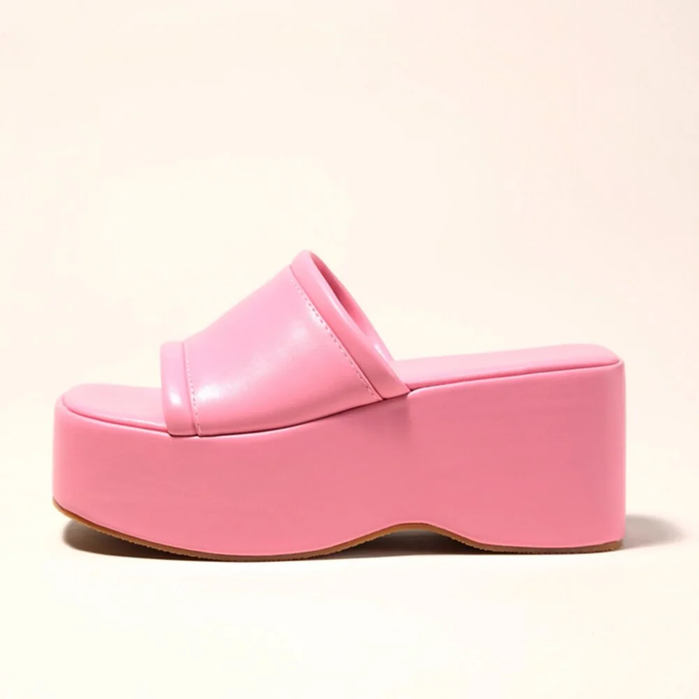 Qengg Slip On Open Toe Summer Women Mules Sandals Shoes Punk Thick Bottom Wedges Chunky Heel Casual Leisure Orange Shoes