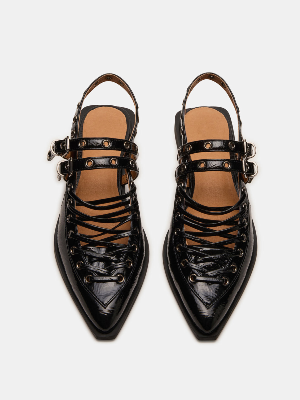 GOOSHOE Patent Black Pointed-Toe Lace-Up Slingback Double Mid Strap Flats