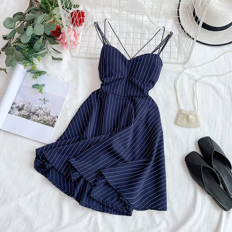 FTLZZ 2020 New Women Sexy V-neck Backless Spaghetti Strap Dress Summer Striped Slim A-line Ladies Sandy Beach Clothes