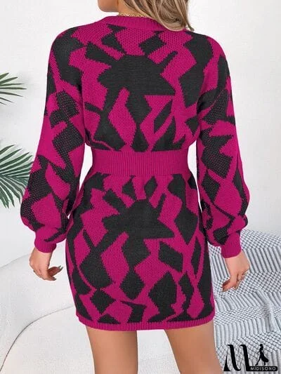 MidiSono - Contrast Round Neck Cutout Long Sleeve Mini Sweater Dress