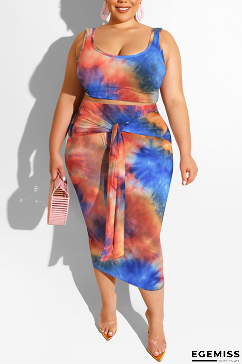 Yellow and blue Sexy Slip Print Belt Tie Dye Plus Size | EGEMISS