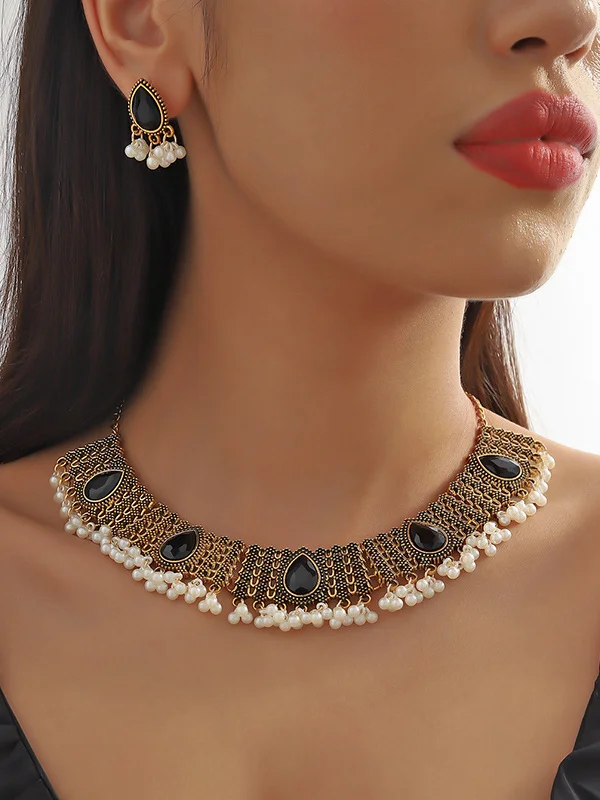 Women's Retro Indian Style Pearl Rhinestone Necklace Earrings Two Piece Set