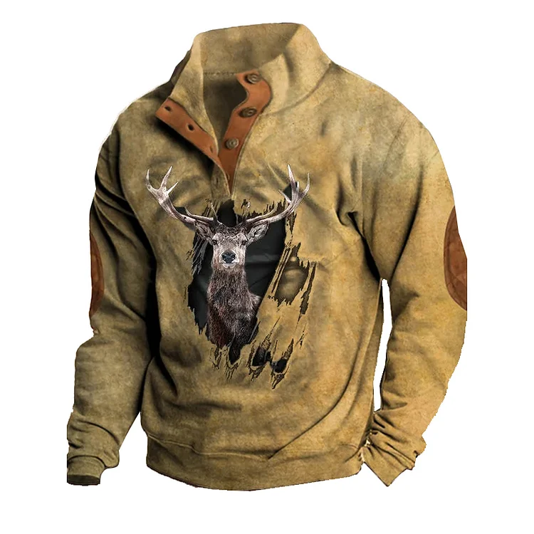 Personalized Elk Print Men'S Stand Collar Long Sleeve Top