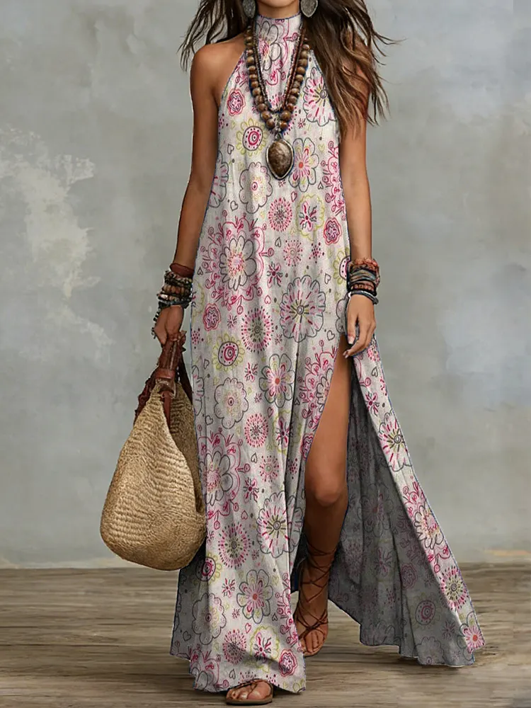 Bohemian Retro Floral Halter-neck Maxi Dress With Slit &acirc;&euro;&rdquo; Vacation-style Cotton-linen Printed Dress