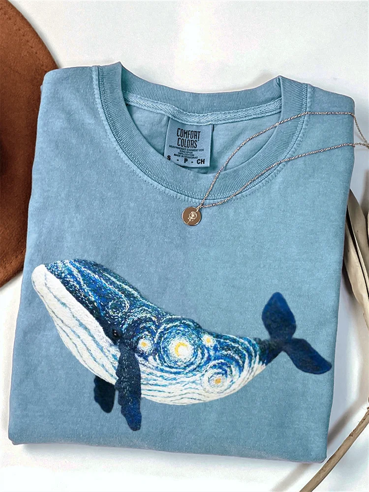 Von der Sternennacht inspiriertes Wal-Stickerei-Kunst-T-Shirt