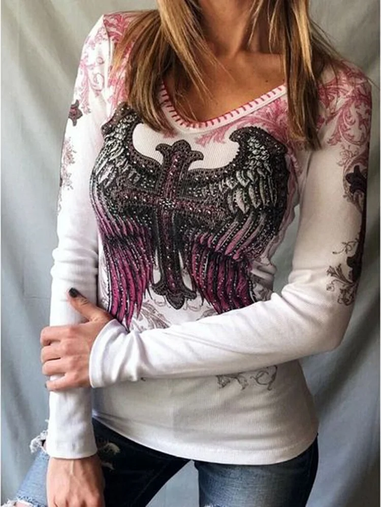 V-neck cross wings print slim-fit punk retro T-shirt