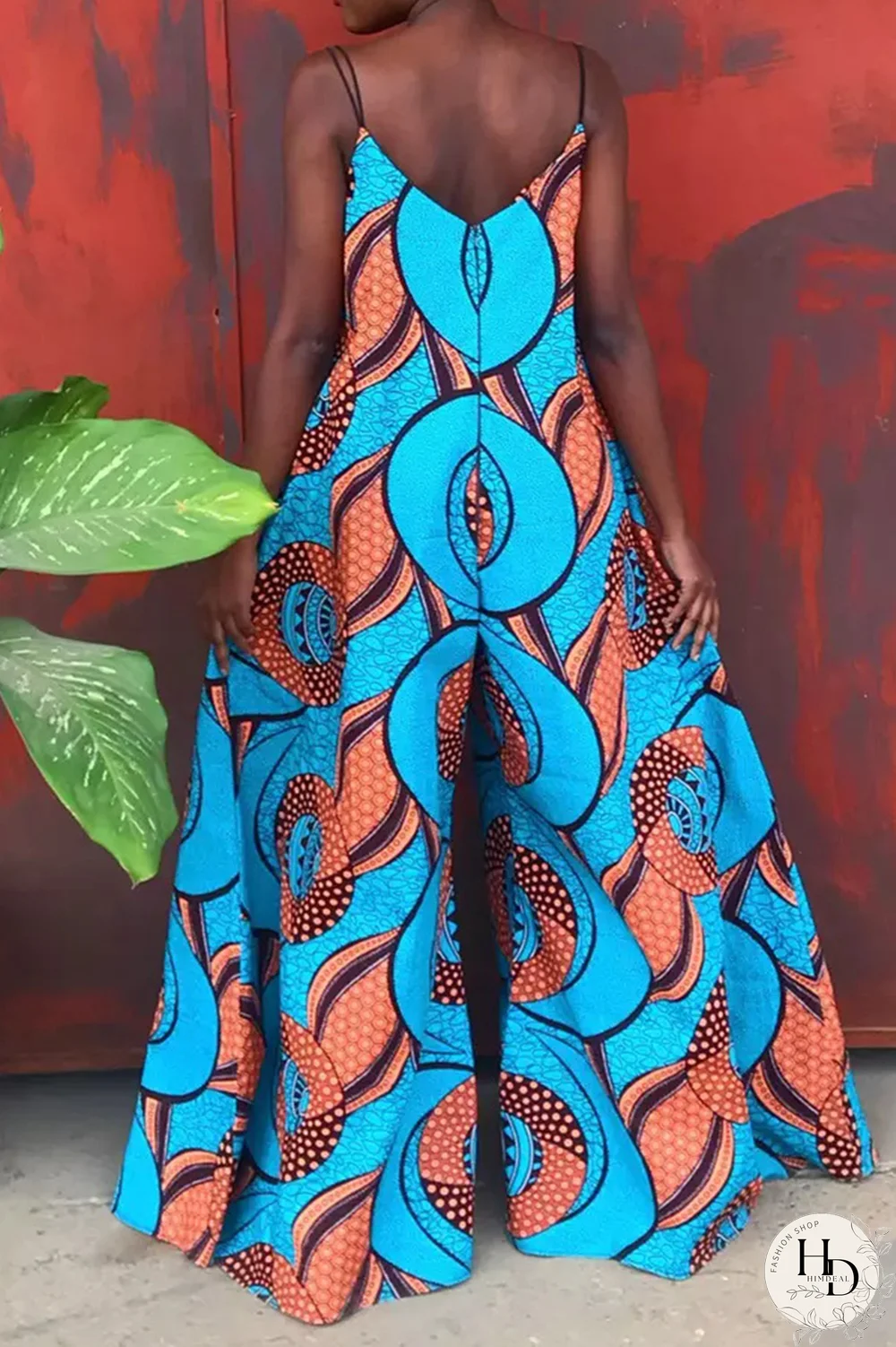 Yellow Casual Print Split Joint Spaghetti Strap Straight Jumpsuits