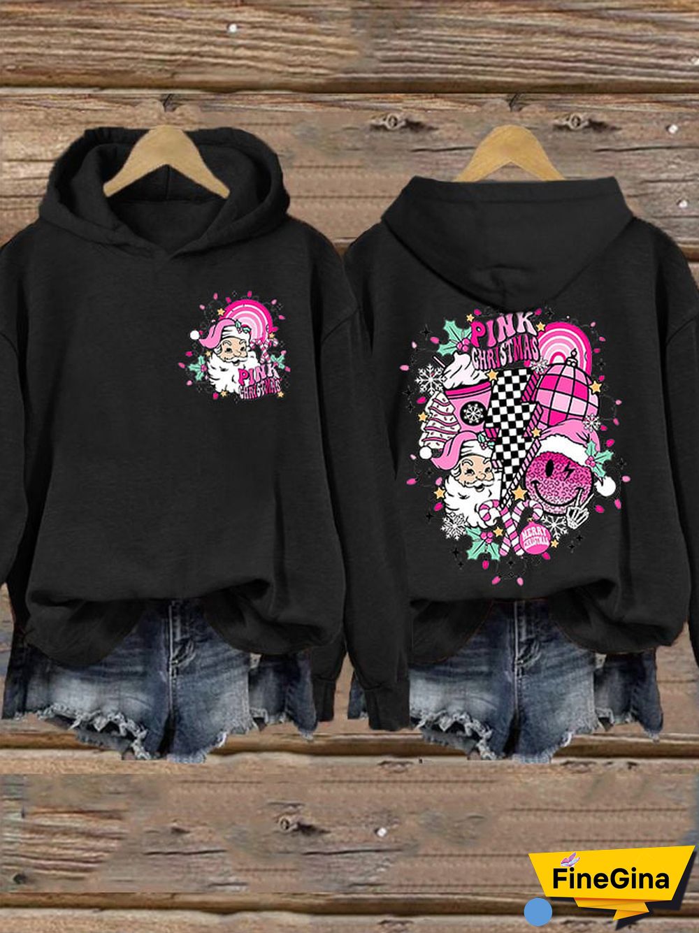Women&rsquo;s Merry Christmas Retro Pink Christmas Pink Santa Claus Printed Hoodie