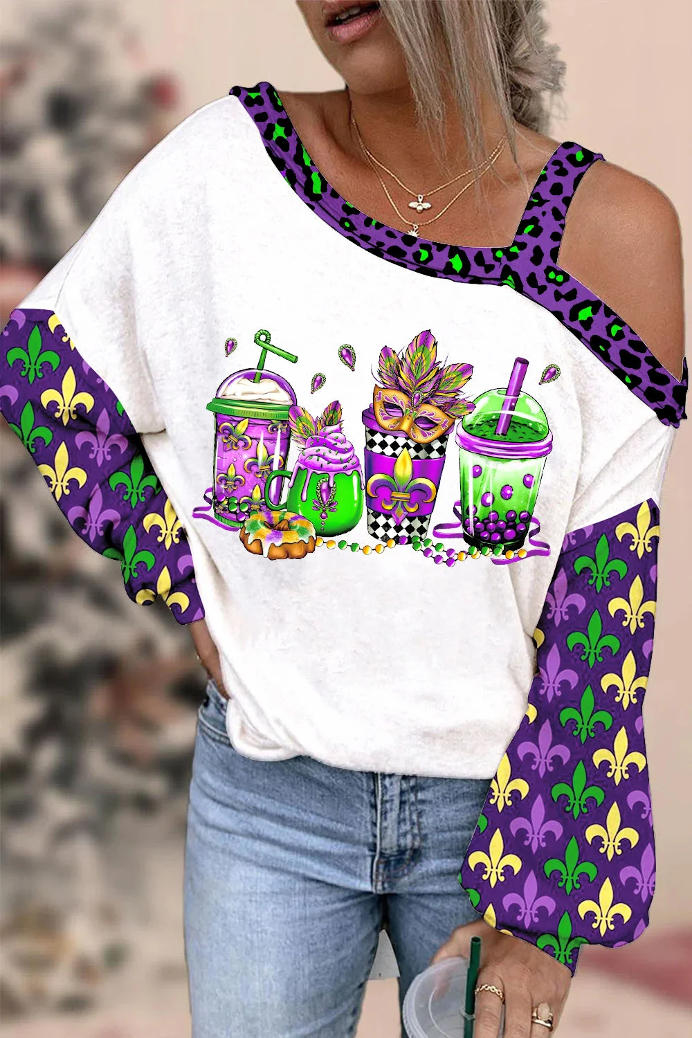 Mardi Gras Coffee Cups Mask King Cake Fleur De Lis Leopard Polka Print Off-Shoulder Blouse