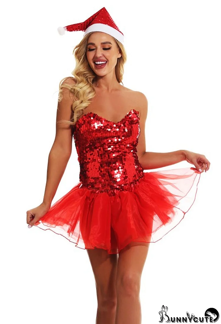 Women Sexy Christmas Strapless Sequins Mesh Patchwork Party Dress