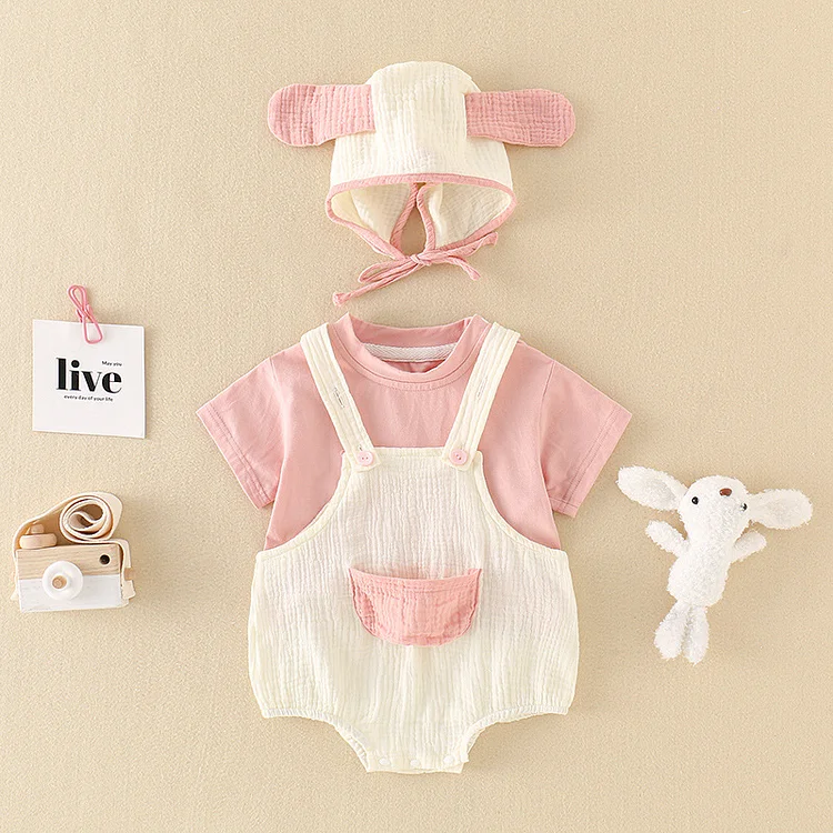 3pcs Baby Boy/Girl Bear and Rabbit Doll Decor T-shirt & Solid Suspender Overalls with a Hat Romper Set