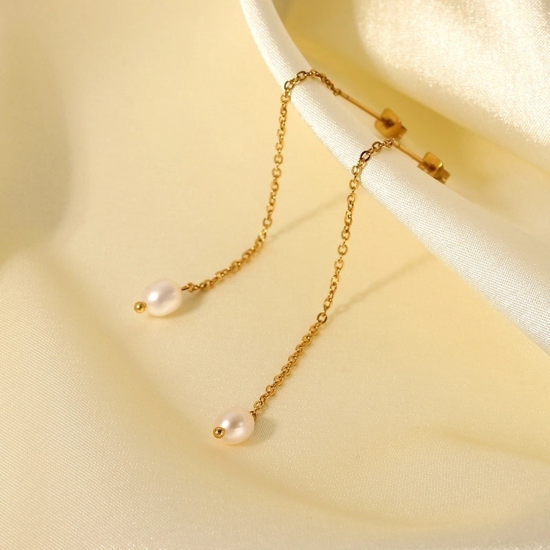Fashion Pearl Pendant Long Threading 18k Gold Stainless Steel Earrings