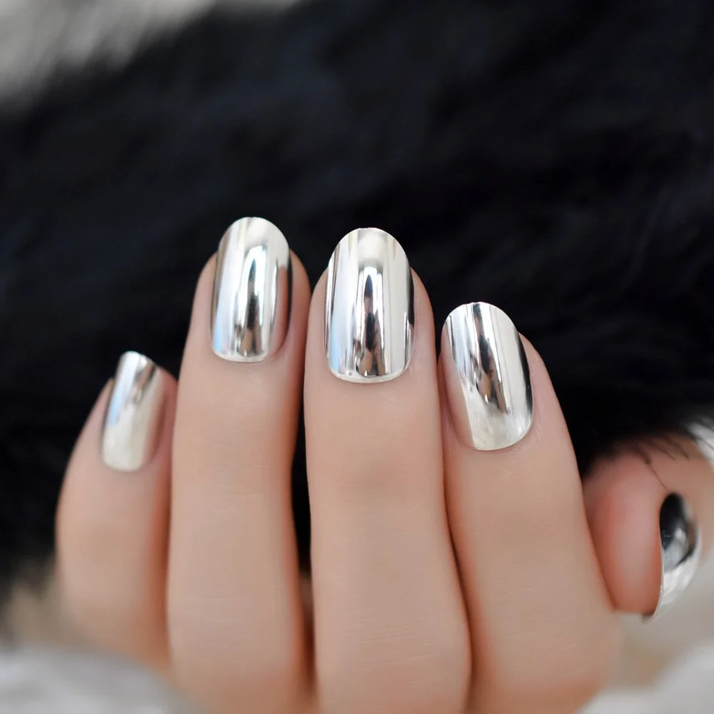 Mirror Metal Square Short Nails Silver Squat Gorgeous Beauty Fake Nails Reflective Artificial Press On Nails-Nail Inspo