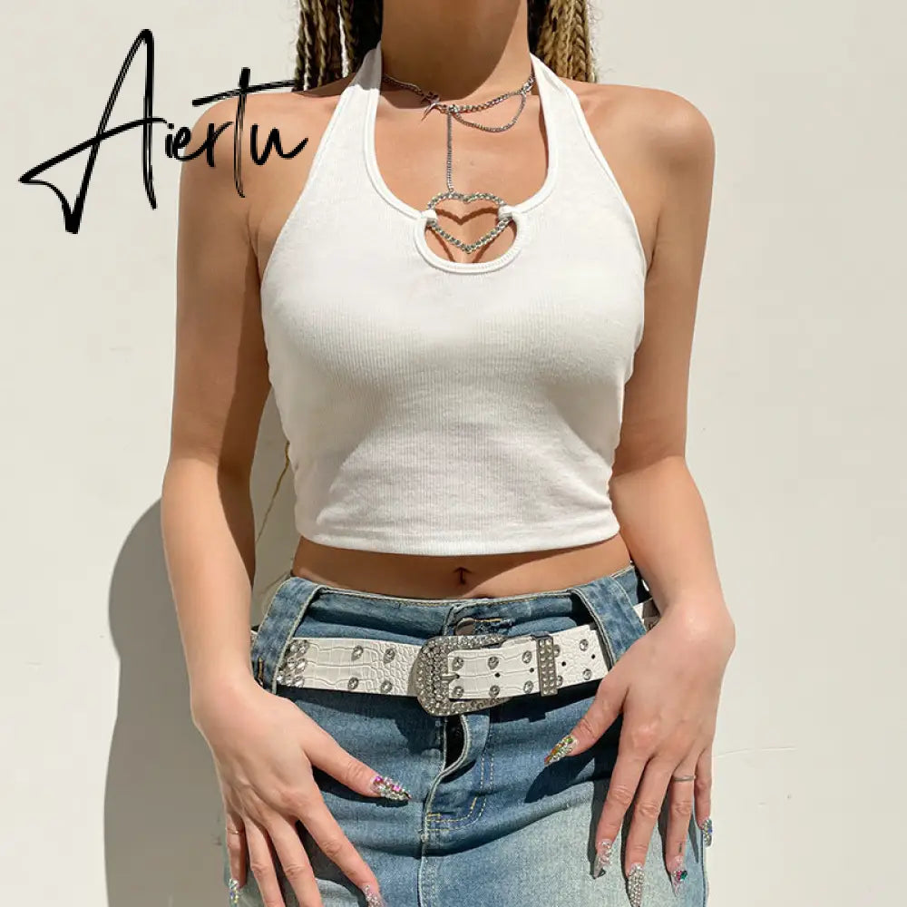Aiertu Sexy Heart Cut Out White Tank Top Summer Women Halter Backless Basic Crop Camis Sport Ribbed Vest Teachwear Aiertu