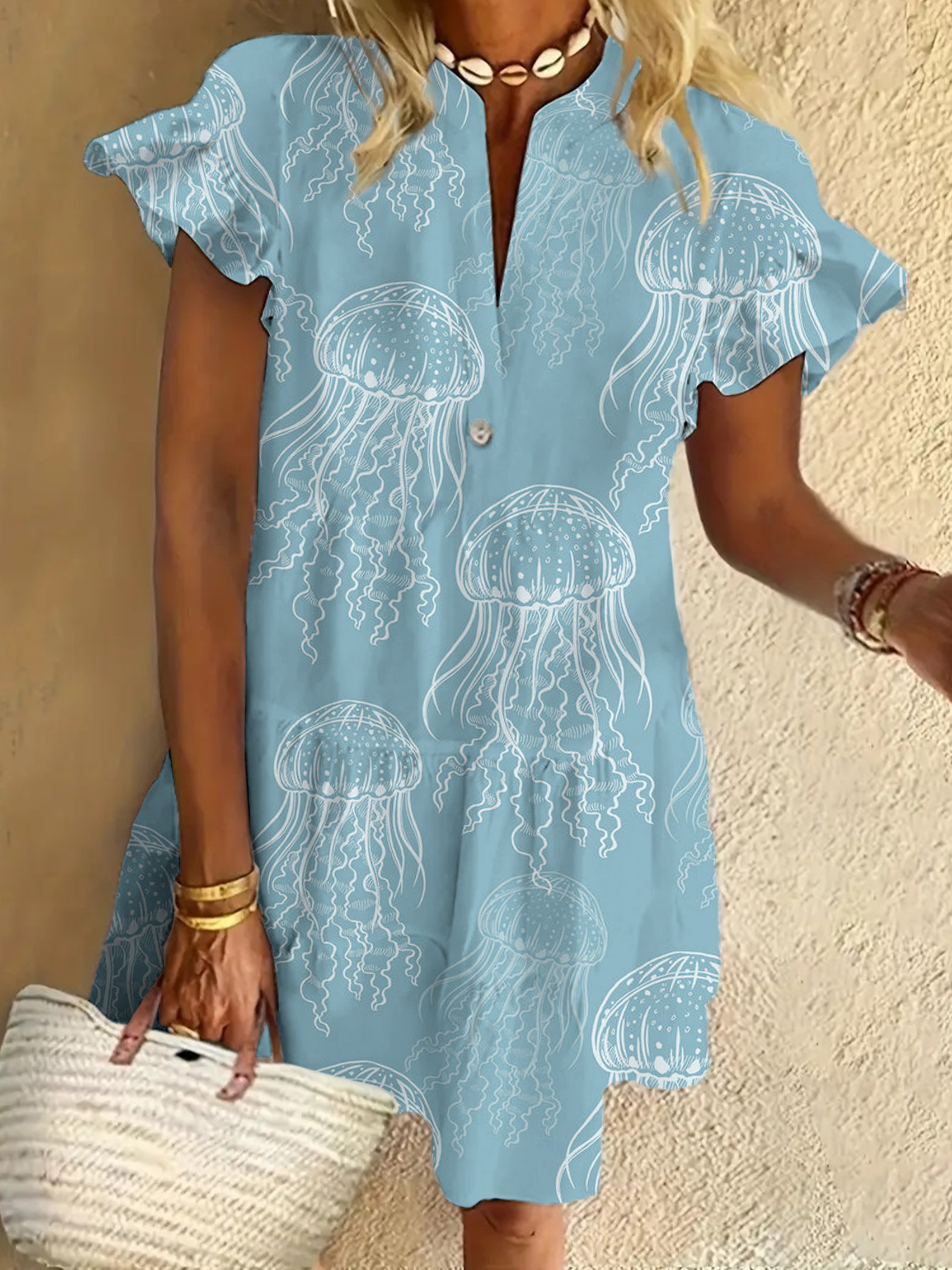 Blue Jellyfish Ruffled Short-sleeved V-neck Buttoned Dress Vacation Beach Dress