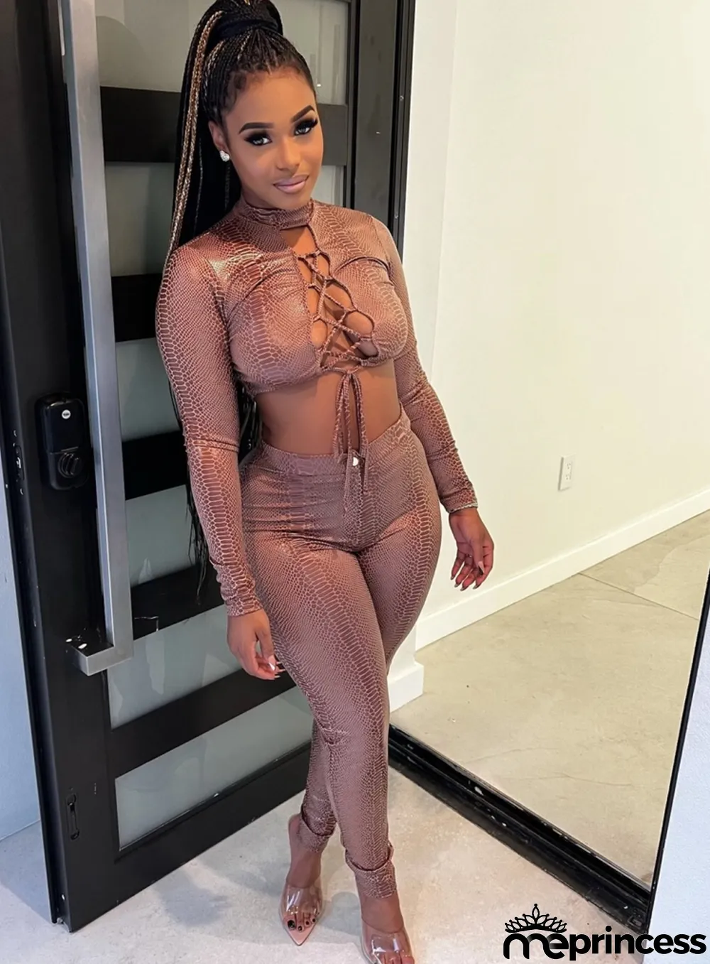 Spring Sexy Brown Printed Round Neck Lace-up Long Sleeve Cropped Top and Slim Pants Set Wholesale Two Piece Clothing