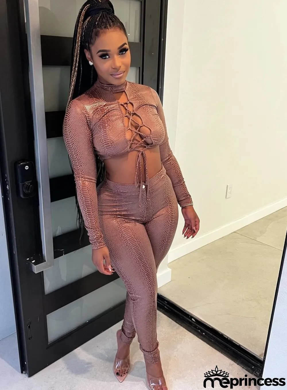 Spring Sexy Brown Printed Round Neck Lace-up Long Sleeve Cropped Top and Slim Pants Set Wholesale Two Piece Clothing