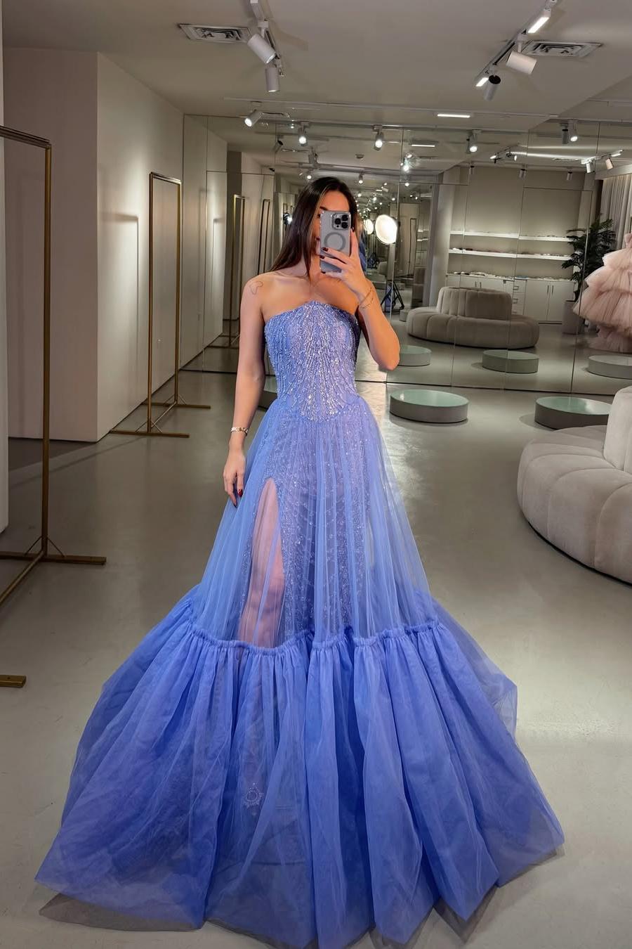Lussooy Sequins Sleeveless Glamorous Strapless Long Tulle Prom Dress with Applique  