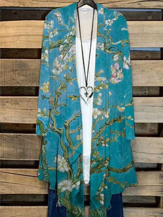 Women's Van Gogh Blossoming Almond Tree Painting Print Casual Cardigan