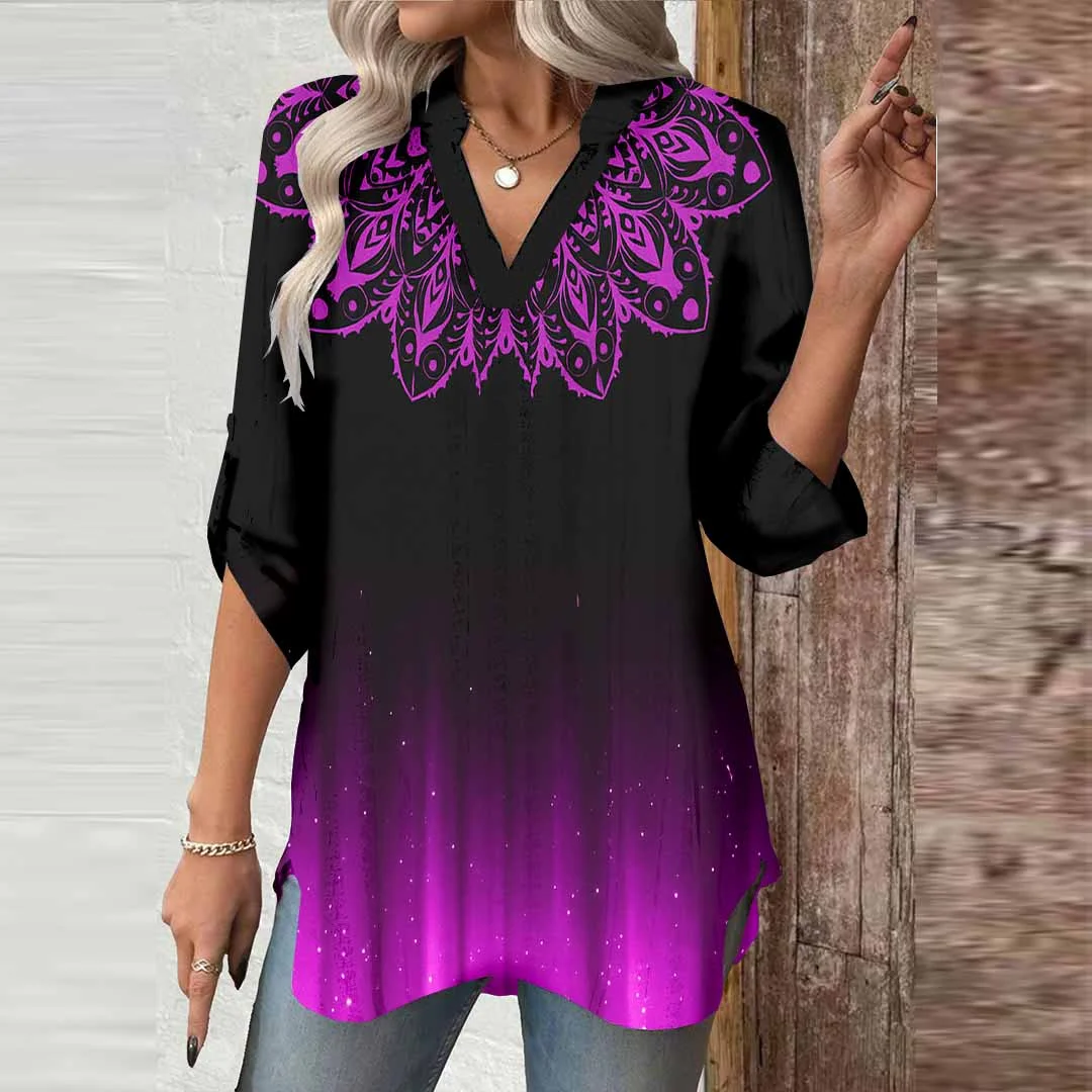 Women Retro, Floral, Rose Red DZGA0691 3/4 Sleeve V-neck Printed Graphic Button Tops