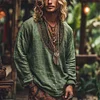 Men's Bohemian Holiday Style Vintage Linen Printed Casual Long Sleeve Top by Inlyline
