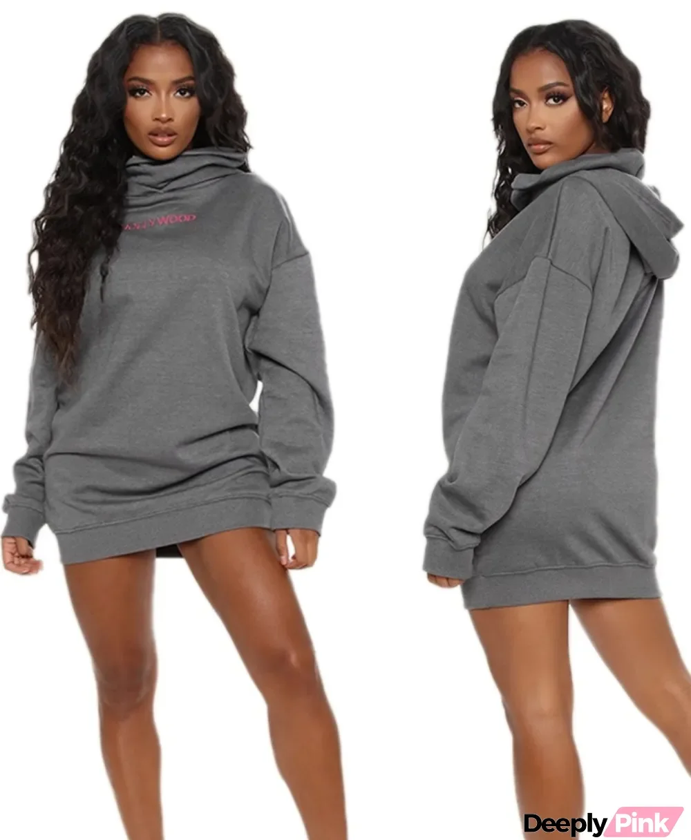 Autumn Casual Print Grey Hoodie Dress