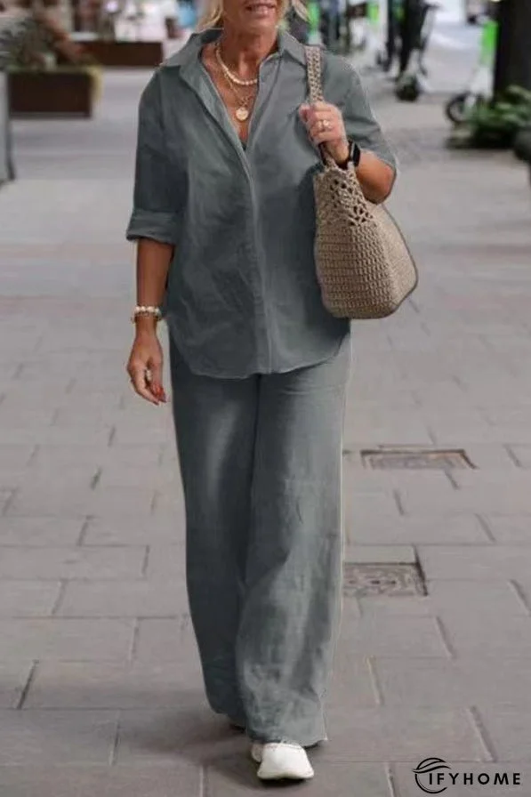 Solid Color Casual Long-sleeved Shirt and Elastic Waisted Loose Wide-leg Pants Set | IFYHOME