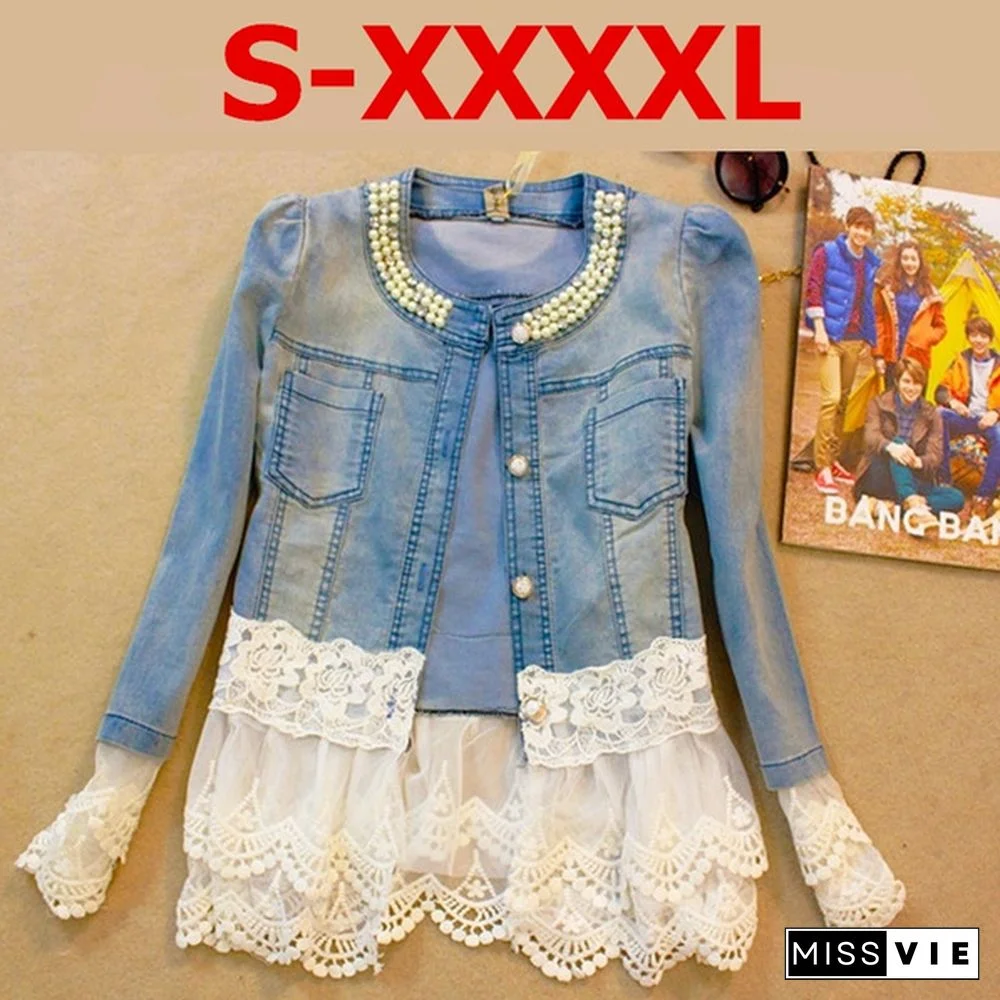 New Women Casual Denim Jacket Pearl Lace Splice Jean Coat Spring Summer Autumn Women Fashion Splice Coat Lace Jacket