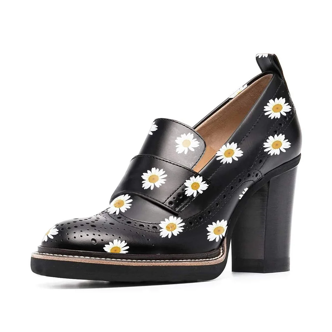 Black Round Toe Daisy Print Loafer Heels with Perforated Patterns