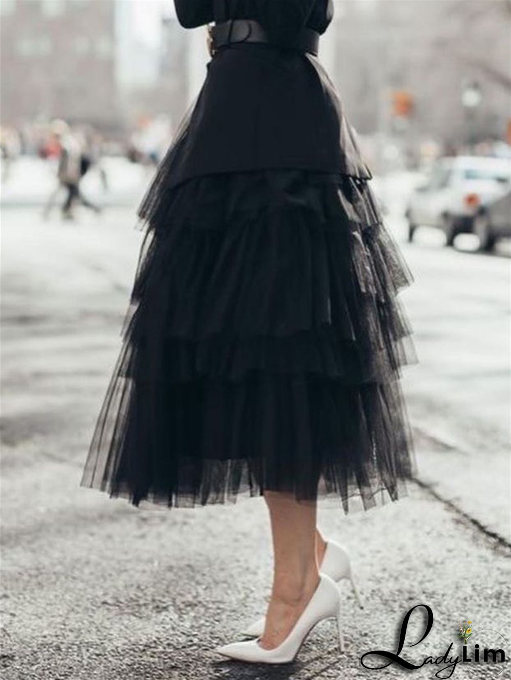 Elegant Solid Color Elastic Waist Puffy Tiered Skirt