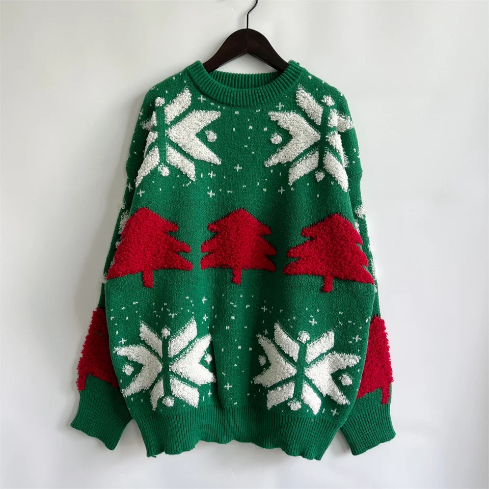 Christmas Tree Jacquard Round Neck Loose Pullover Thickened Sweater