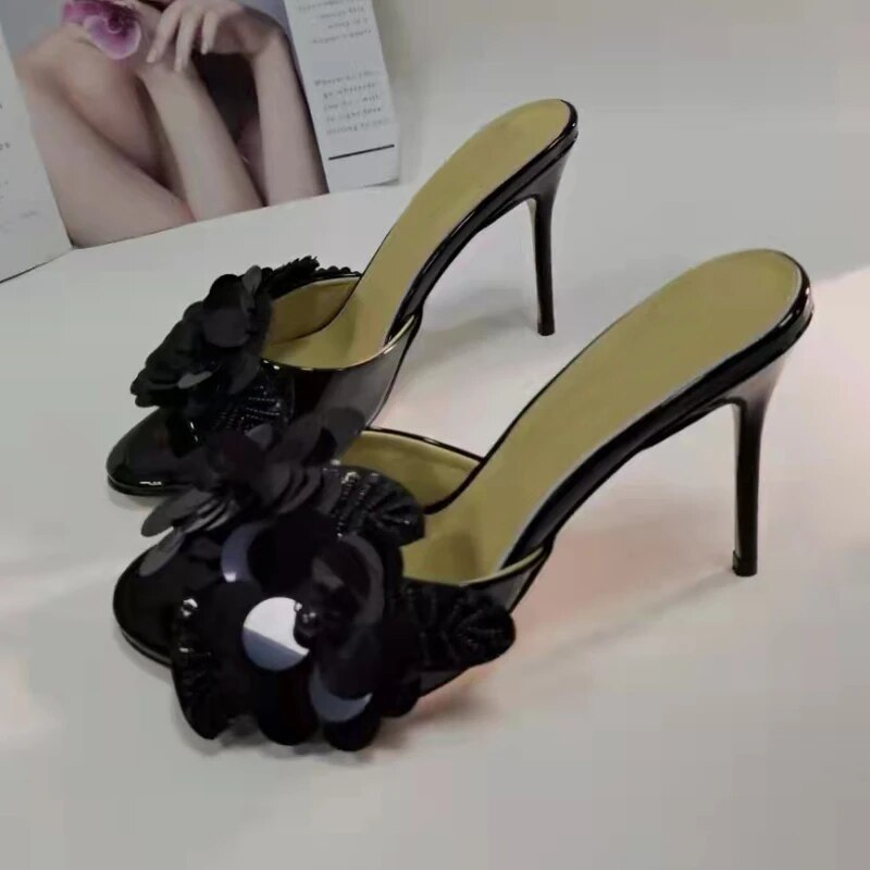 Black Sequined Flower Sandals Woman Open Toe High Heels Lady Party Shoes