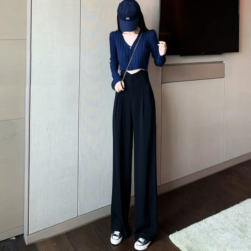 Toloer Toloer Sense High Waist Trousers Trousers Children 2024 Autumn Show Thin Match Wide Leg Pants Hanging Sense Straight Suit Pants-Outfit Ideas