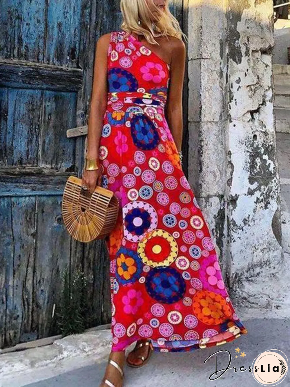 Fashion Floral Printed One Shoulder Maxi Dress P11563