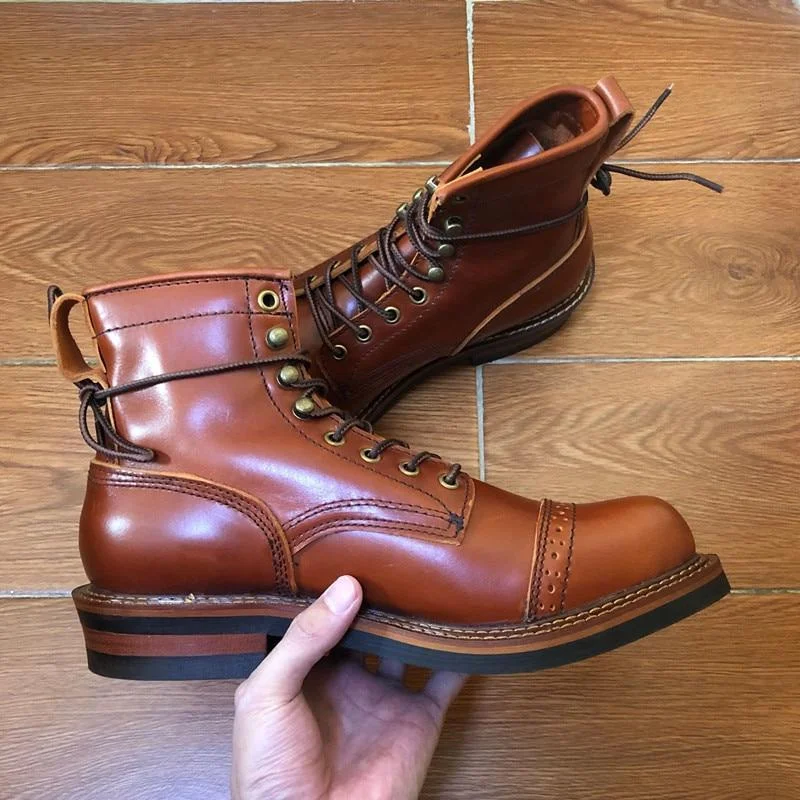 Genuine Leather Lace-Up Vintage High Quality Tooling White Ankle Boots Motorcycle Boots