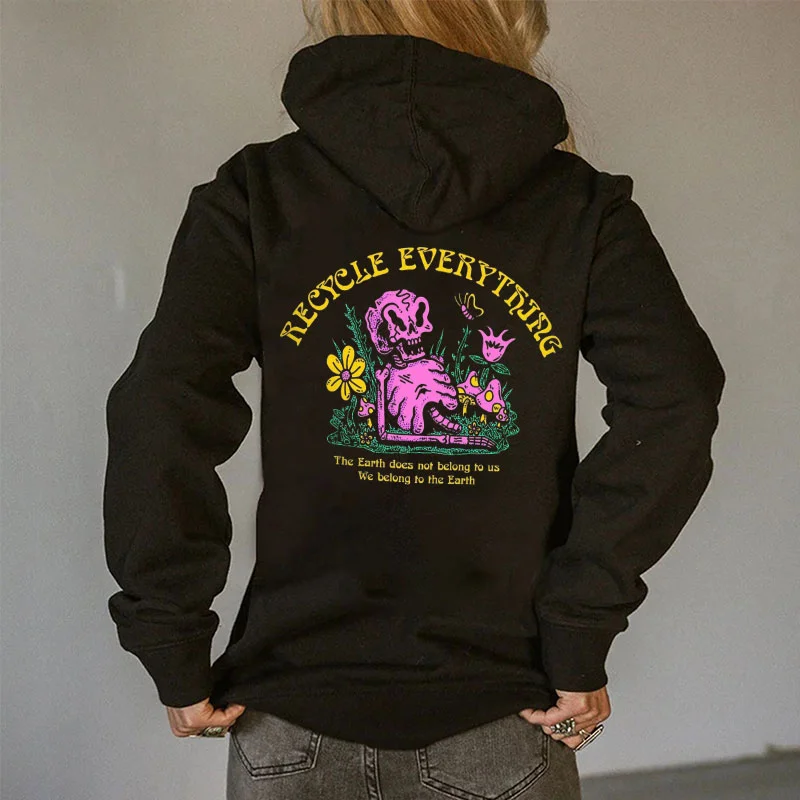 RECYCLE EVERYTHING We belong to Earth Skull  Black Print Hoodie