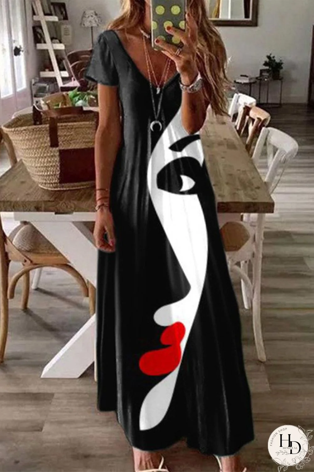 Black Fashion Casual Print Patchwork V Neck Short Sleeve Dress Dresses