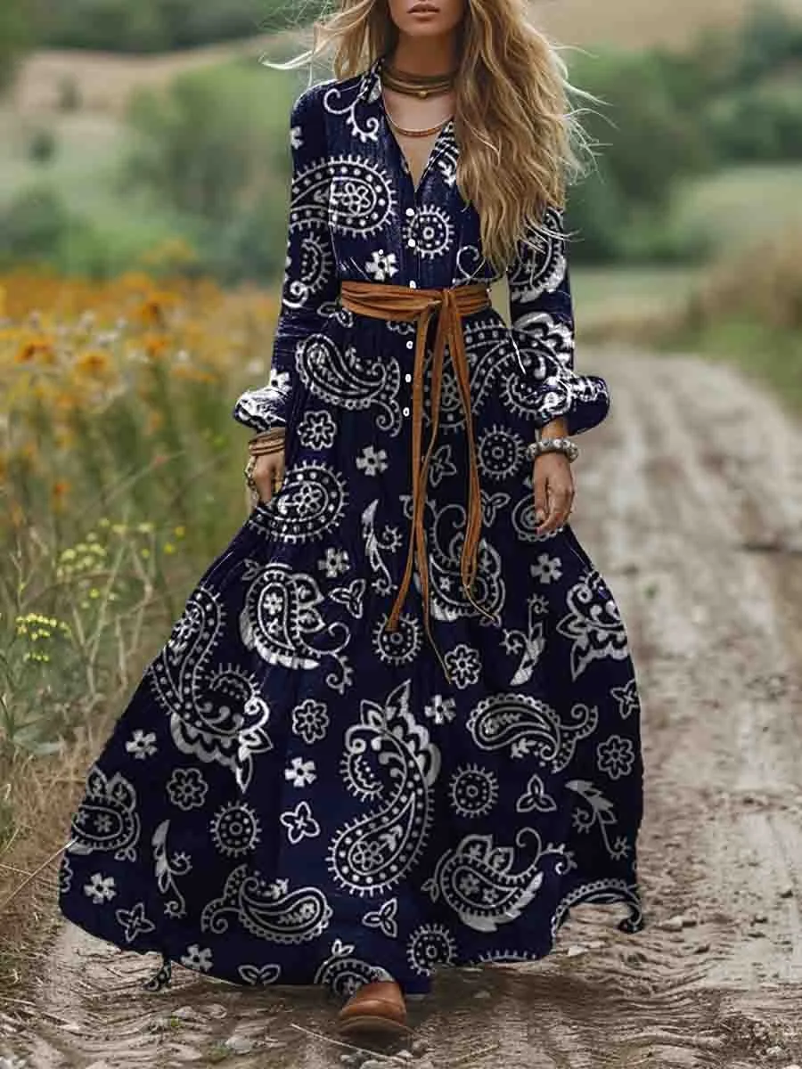 Women's Shirt Collar Long Sleeve Paisley Print Pocket Cotton A-Line Dress