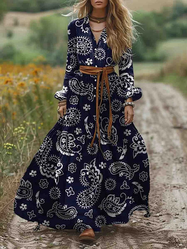 Women's Shirt Collar Long Sleeve Paisley Print Pocket Cotton A-Line Dress