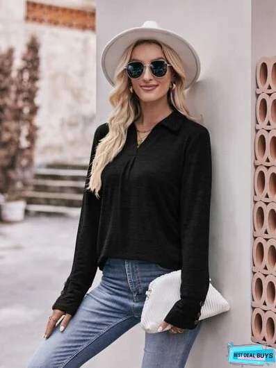 Decorative Button Johnny Collar Long Sleeve Blouse