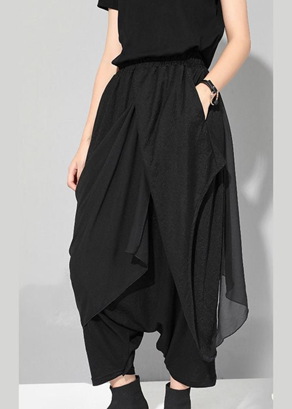Beautiful Black Chiffon Patchwork Asymmetrical Design Casual Fall Pants CK138- Fabulory