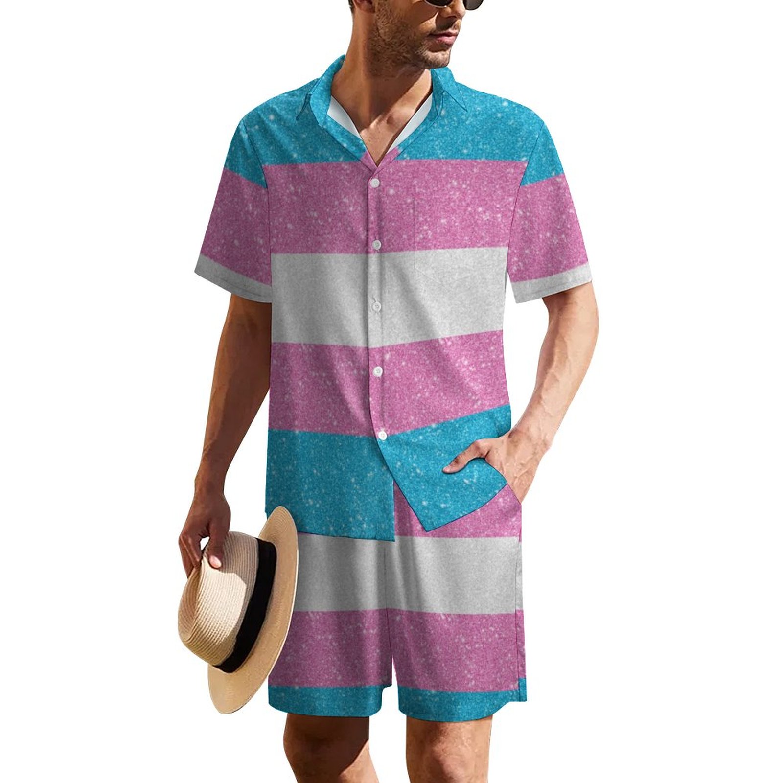 Glitter Transgender Pride Flag | Men's Summer Hawaiian Matching Set | Button Down Mens Long Sleeve Shirts Plus Size 2 Piece Set Two Piece Set Resort Vacation