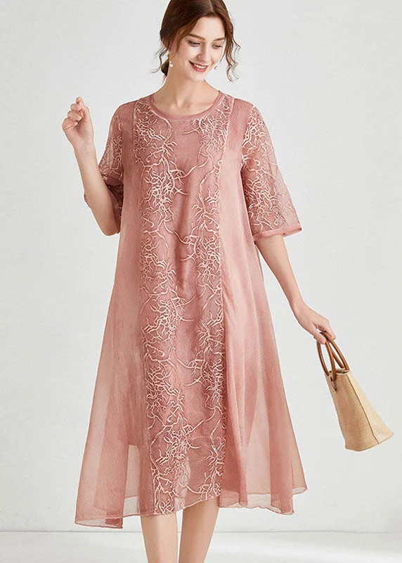 Beautiful Pink Embroideried Patchwork Chiffon Dress Half Sleeve