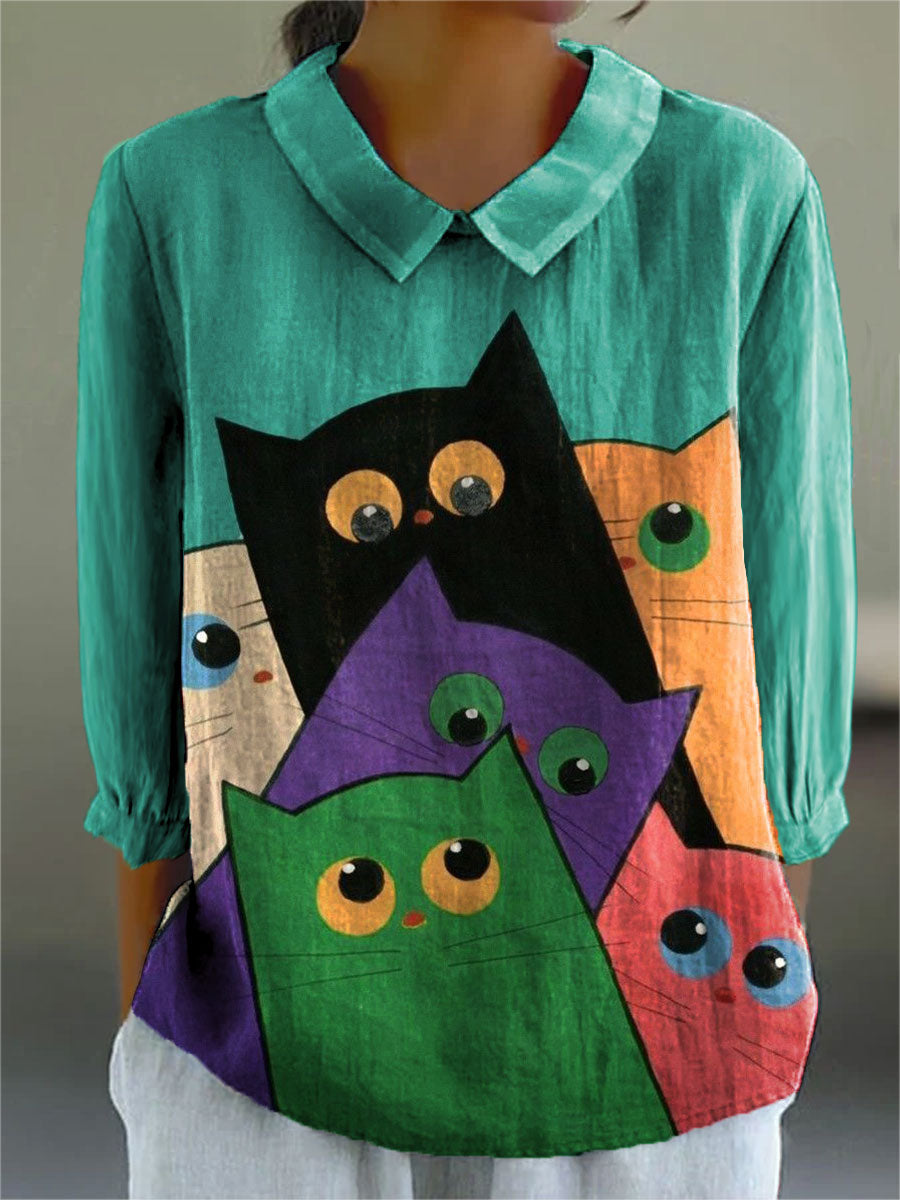 Women's Color Block Cat Art Print Casual Cotton And Linen 3/4 Sleeve Shirt